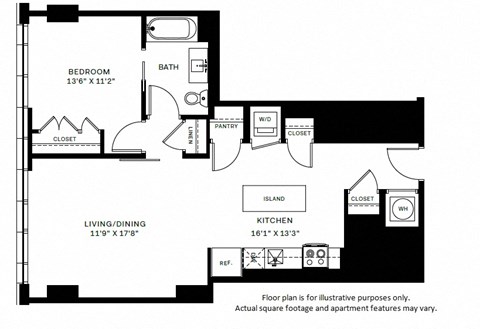 Floor plan for 1 bed, 1 bath, 763 sqft